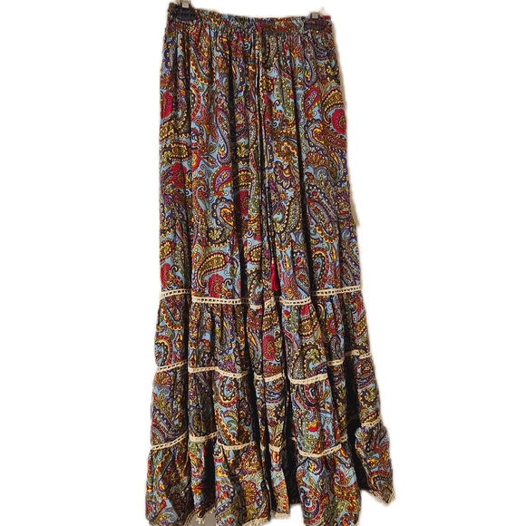 KARMA Hwy Silky Bohemian Bell Bottom Pant Blue/Red Paisley OS NWT - Picture 4 of 7